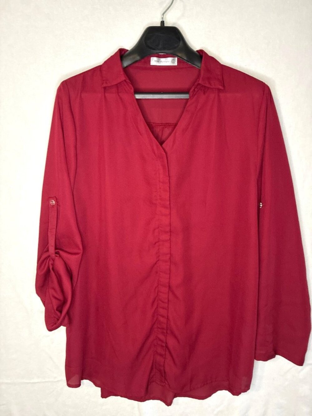 Miss Fortune XL Berry Red Sheer Blouse Roll Tab Sleeve V Neck Collared Top